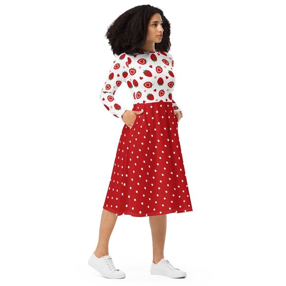 Strawberry Heart Long Sleeve Pin Up Dress - Picture 4 of 12